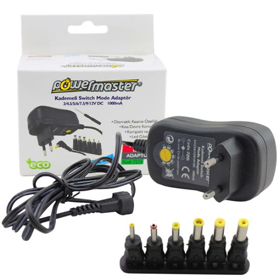 Powermaster PM-7215 3 Volt - 12 Volt - 1 Amper - 30 Watt Çok Uçlu Ayarlı Switch Mode Adaptör