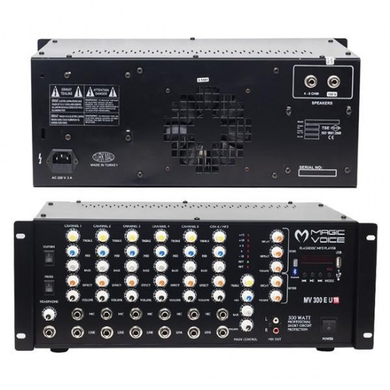MAGICVOICE MV-300EF-TR 300 Watt 6 Mikrofon Girişli USB-Bluetooth Destekli Trafolu Mixer Anfi
