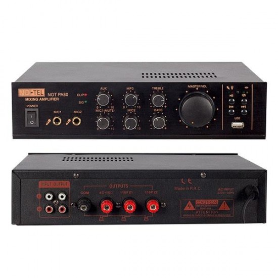 No-Tel 80 W Mini USB-SD-Bluetooth 70-100 V 2 Mik. Giriş Trafolu Anfi NOT-PA80