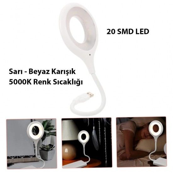 POWERMASTER Portatif Akrobatik 20 SMD Ledli USB Gece Kitap Okuma Çalışma Lambası (Powerbank Uyumlu)