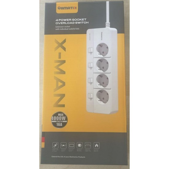 Yamatik X-MAN-104 A-CLASS 4'lü Ayrı Anahtarlı 2 Metre Akım Korumalı Grup Priz 1400 Joule