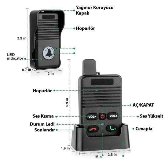 Hello D90 1000mAh Şarjlı Kapalı Devre Telsiz Kapı Zili ve İnterkom Sistemi Kesintisiz Çift Taraflı Sesli İletişim Telsiz