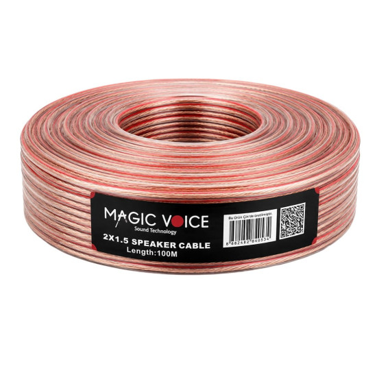 Magicvoice 2x1.50 Şeffaf Kırmızı Çizgili 100 Metre Hoparlör Kablosu