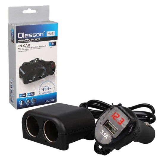 Olesson 1641 12-24V Tek USB Girişli 120W 80cm Kablolu Dijital Voltaj Ekranlı 2'li Araç Çakmak Çoklayıcı