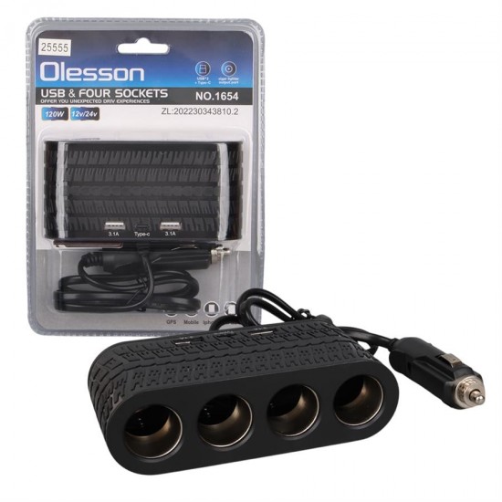 Olesson 1654 12-24V Çift USB - TYPE-C 120W 80cm Kablolu 4'LÜ Araç Çakmak Çoklayıcı