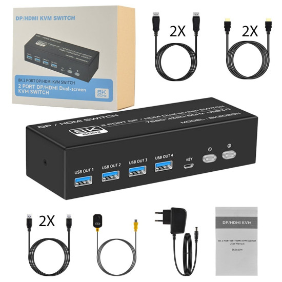 Powermaster 8K202DH Profesyonel 8K 2 Giriş 1 Çıkış DP + HDMI KVM Switch