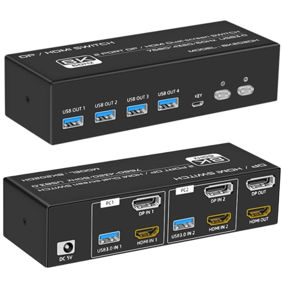 Powermaster 8K202DH Profesyonel 8K 2 Giriş 1 Çıkış DP + HDMI KVM Switch