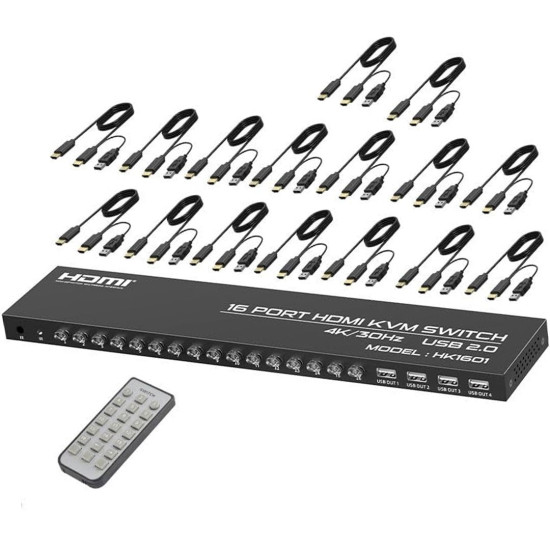 Powermaster HK1601 16 Port 4K 30HZ Video HDMI 2.0 Kvm Anahtarlı Kablolu Switch