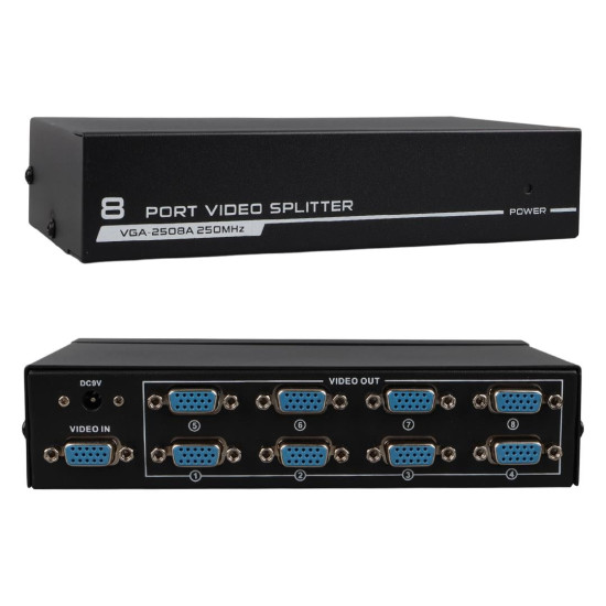 PowerMaster PM-2553 8 Port VGA Dağıtıcı Çoğaltıcı Splitter 9 Volt Adaptörlü 1920X1440 250Mhz