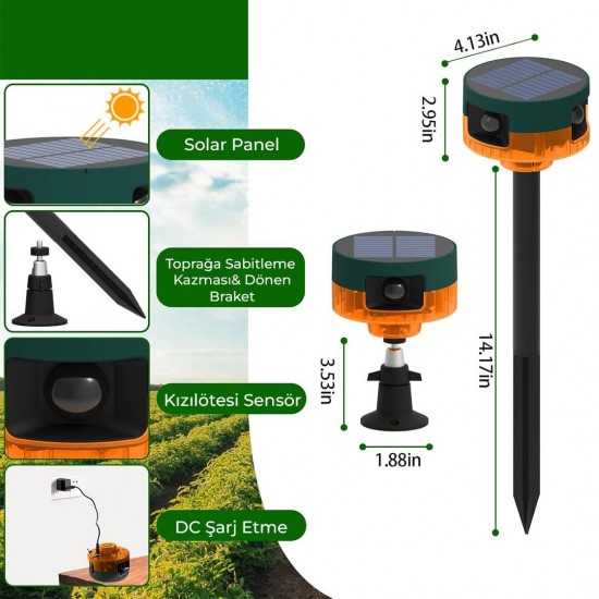 PowerMaster PM-26947 13 Farklı Sesli Hayvan Kovucu Alarm Cihazı Mikrofonlu Solar Panelli