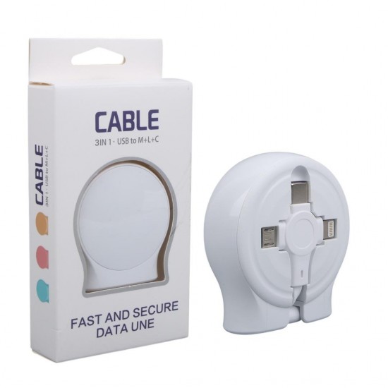 PowerMaster PM-27143 1 Metre Makaralı 3In1 Şarj Kablosu (Lightning - TYPE-C - Micro USB)
