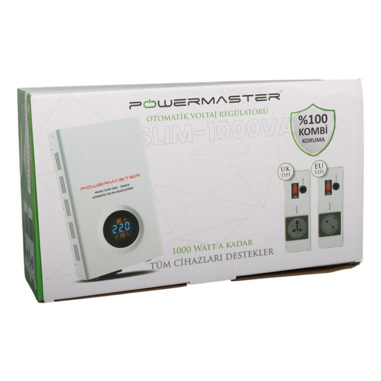 Powermaster SLIM-1000 Otomatik 1000VA Kombi Voltaj Regülatörü (İngiliz Fişli ve Evrensel Çoklu Soketli)
