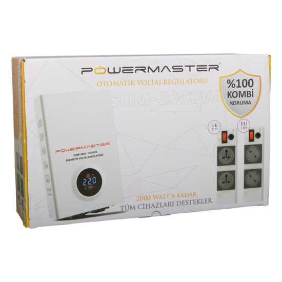 Powermaster SLIM-2000 Otomatik 2000VA Kombi Voltaj Regülatörü (İngiliz Fişli ve Evrensel Çoklu Soketli)