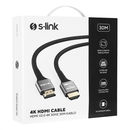 S-Link SLX-HD4K30 30 Metre v2.0 4K Metal Uçlu Zırhlı Yüksek Performanslı HDMI Kablosu